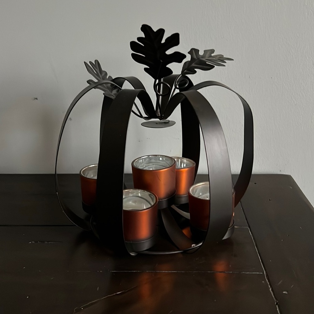 Fall Metal Pumpkin Candle Holder Centerpiece – 4 Votive Candle Cups Autumn Decor